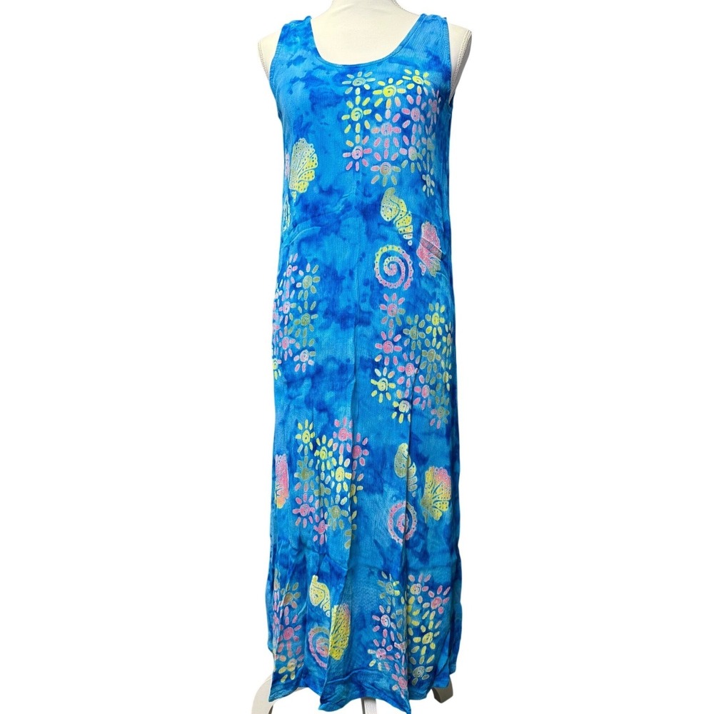 Blue Tie Dye Maxi Dress Rayon Sleeveless Beachy Seashell One Size